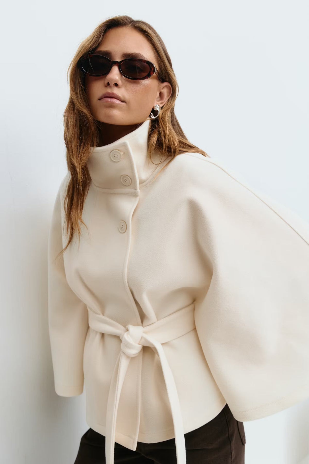 Carole | Cape Stand Collar Belted Button Front