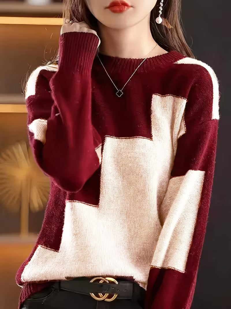 Marvelle | Color Block Crew Neck Long Sleeve Sweater
