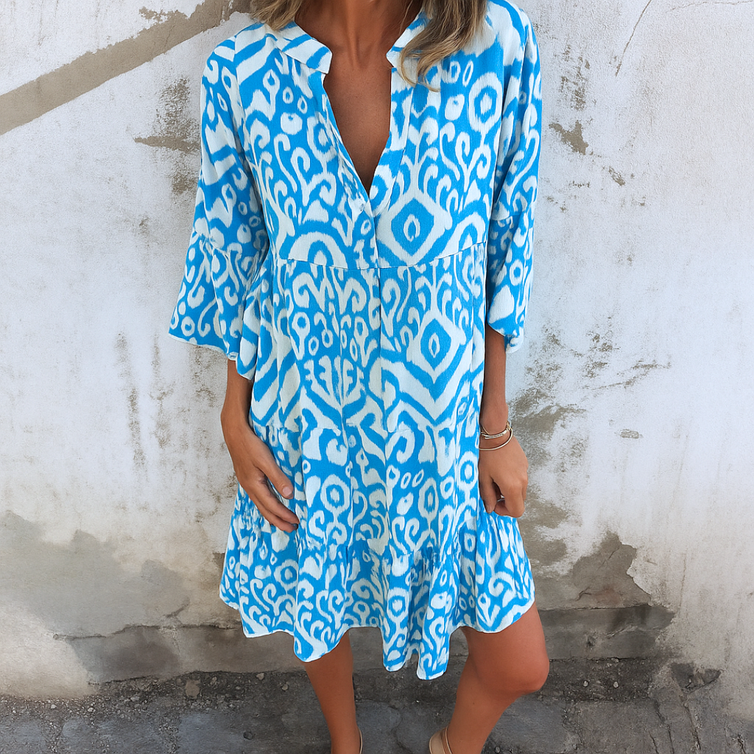Shaffer | Printed V-Neck Smock Midi Dress