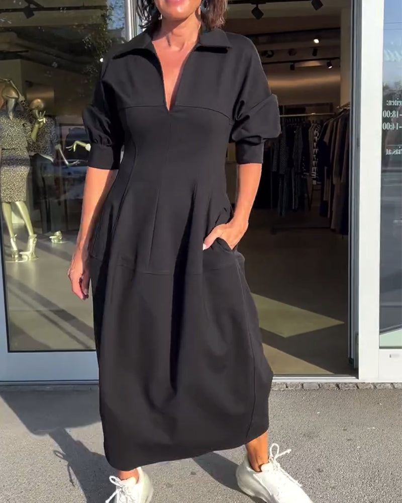 Lunya | Midi Dress Black Collared V-Neck
