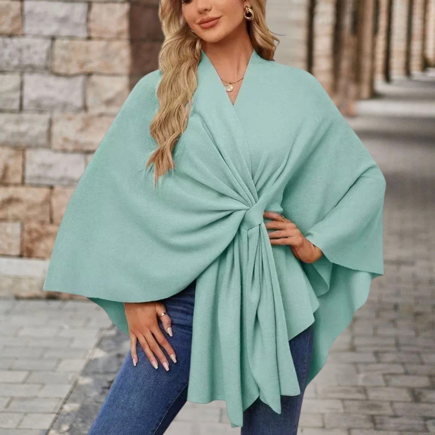 Helin | V-Neck Knotted Front Wrap Poncho