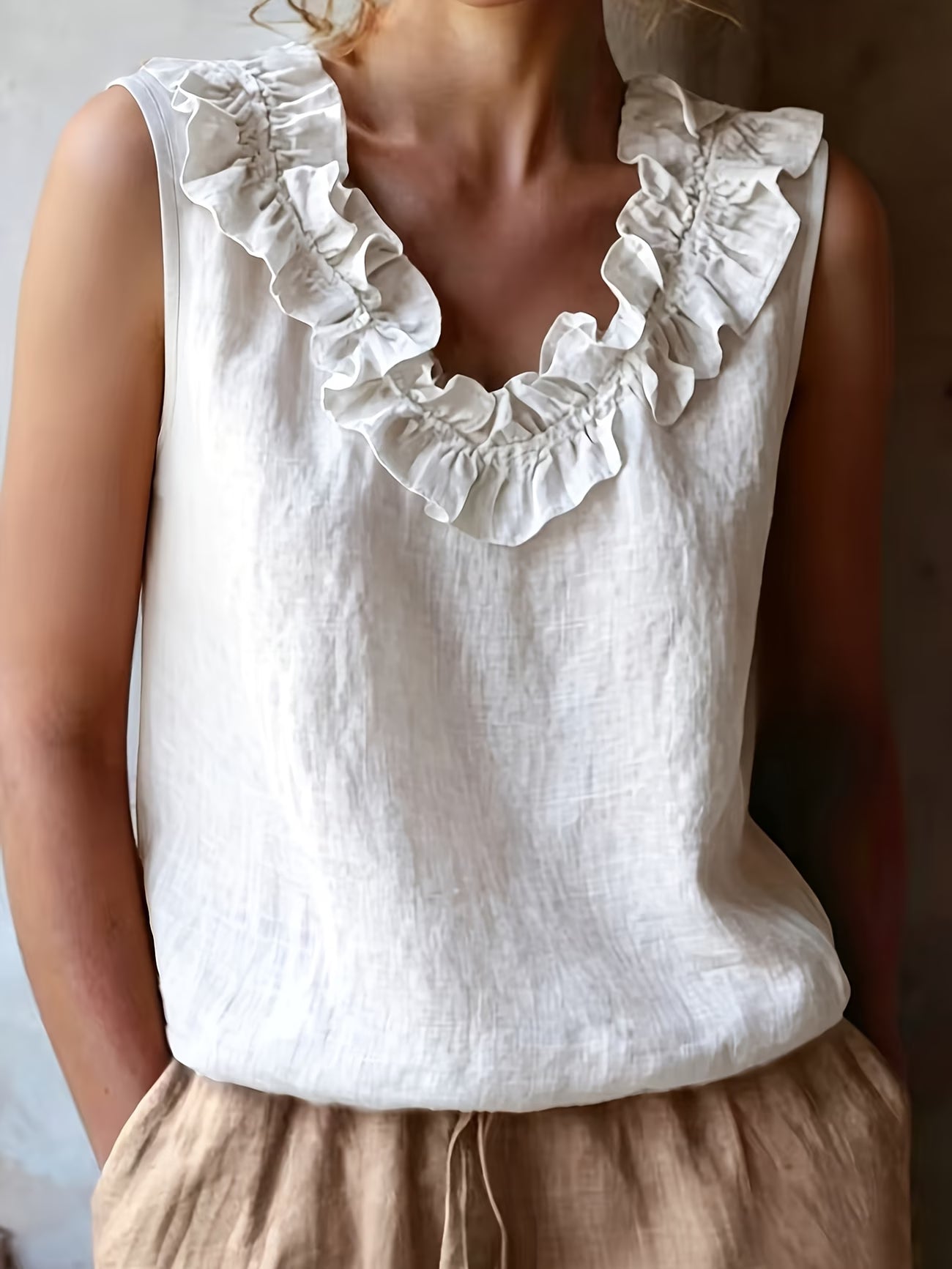 Safiya | Sleeveless Ruffle Neck Loose Blouse