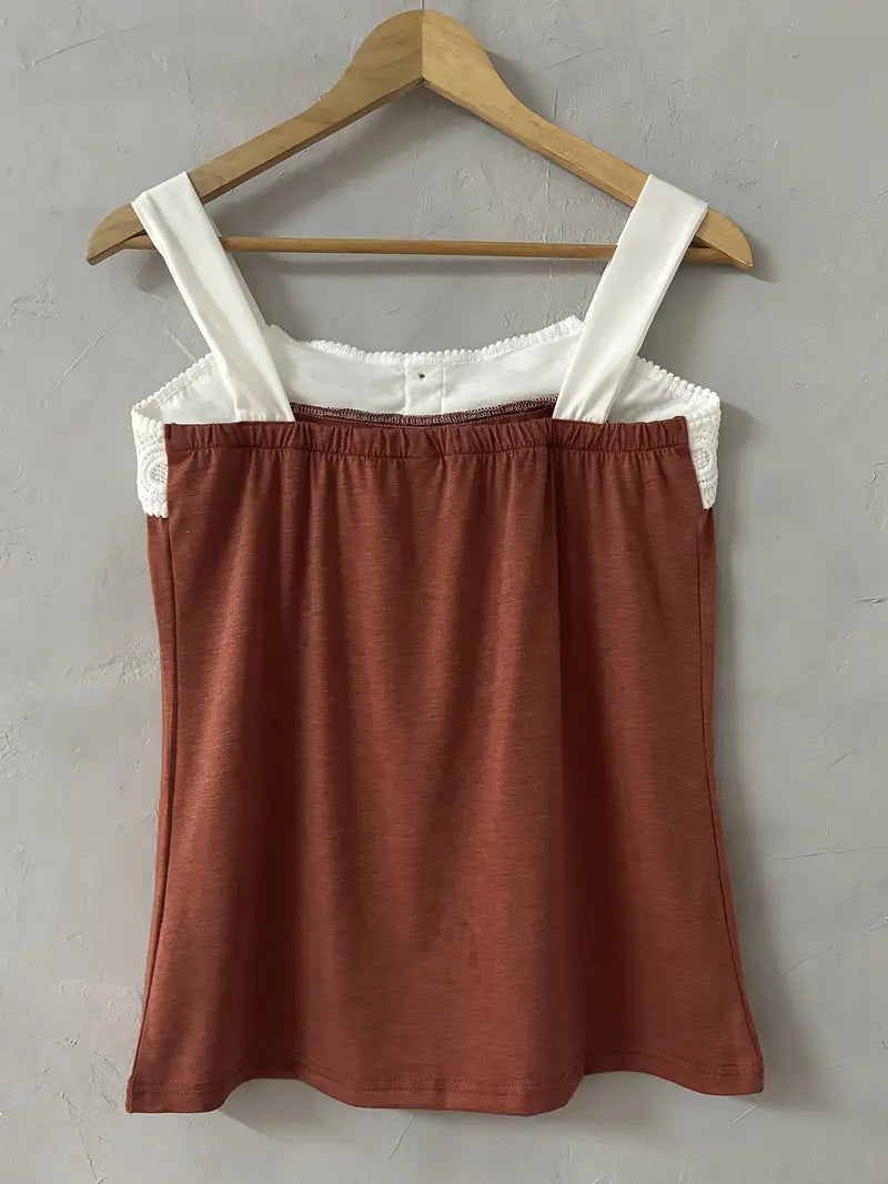 Malinda | Sleeveless Lace Trim Button Tank Top