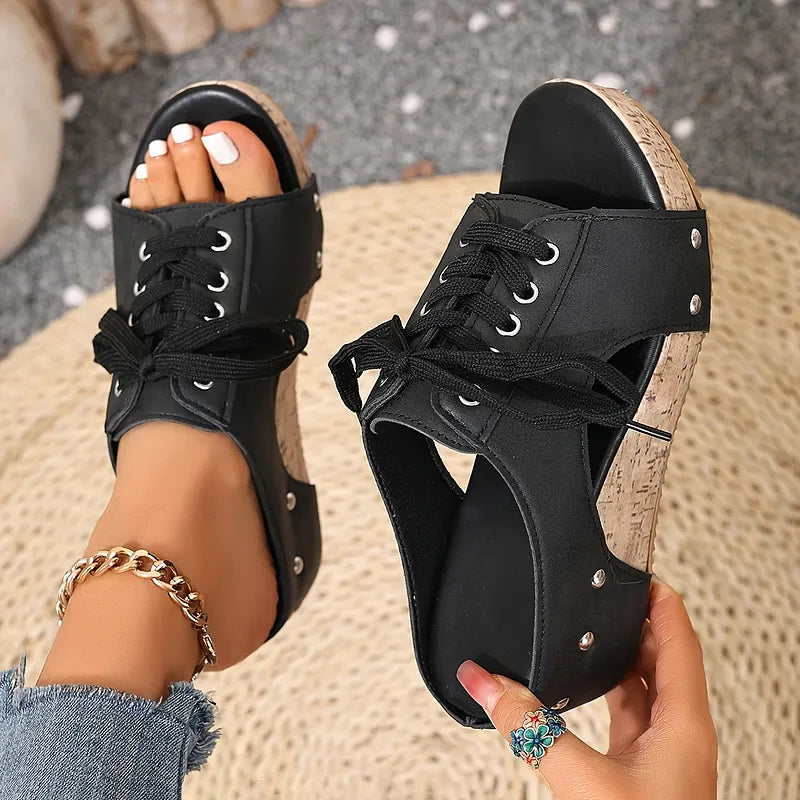 Nadiu | Wedge Slide Sandals with Lace Front