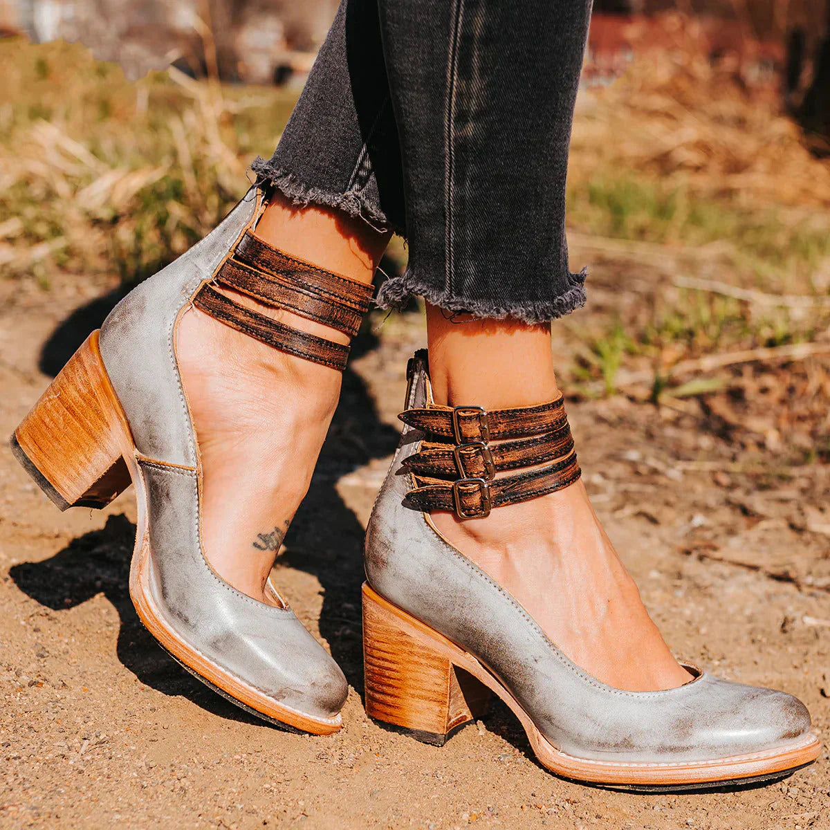 Steffie – Wooden Block Heel Ankle Strap Pumps