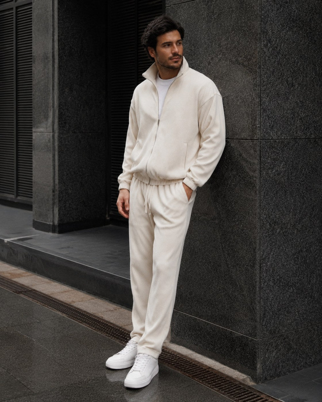 Thomsen | Tracksuit With Cream Ribbed Texture Stand Collar