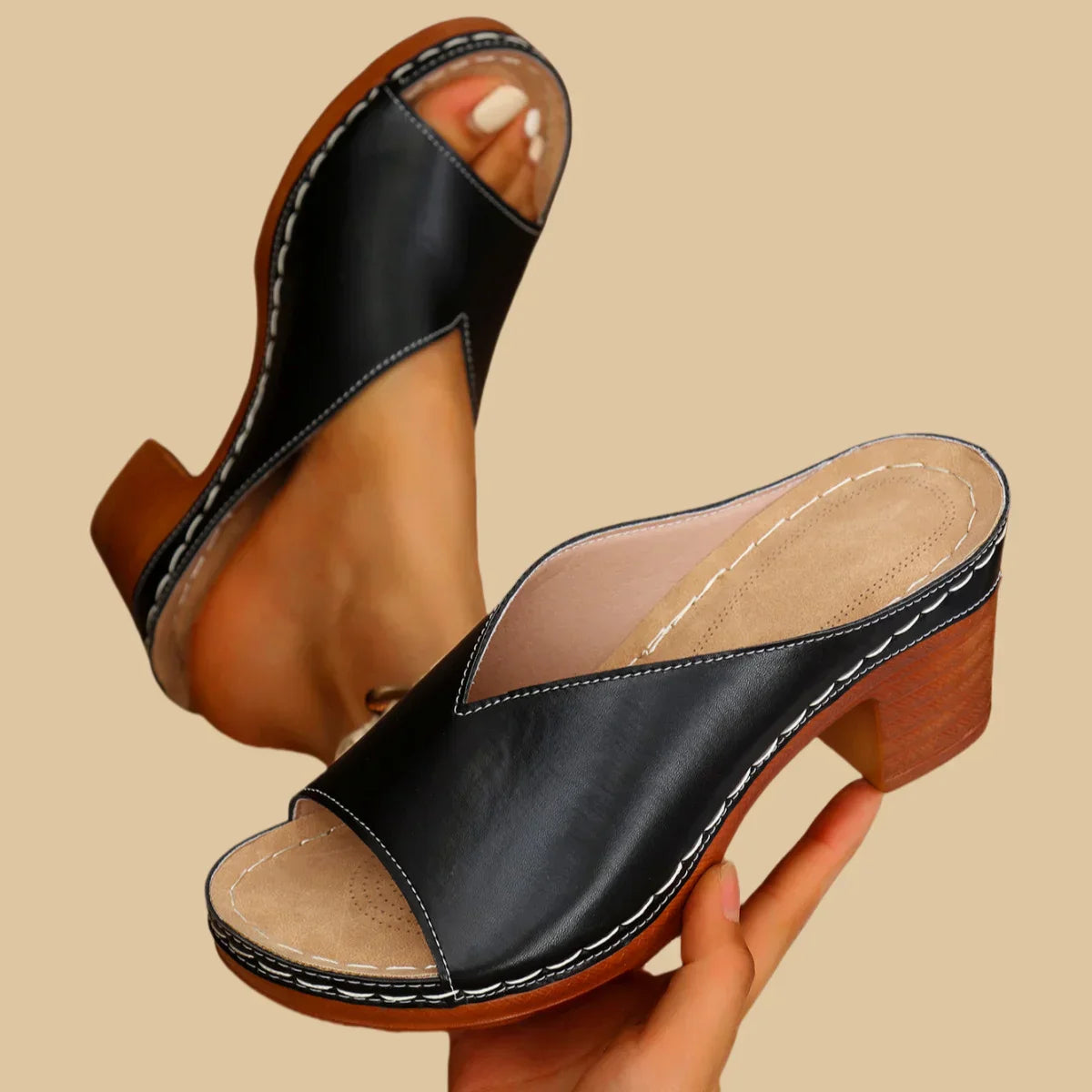 Sorina | Open Toe Block Heel Mule Sandals