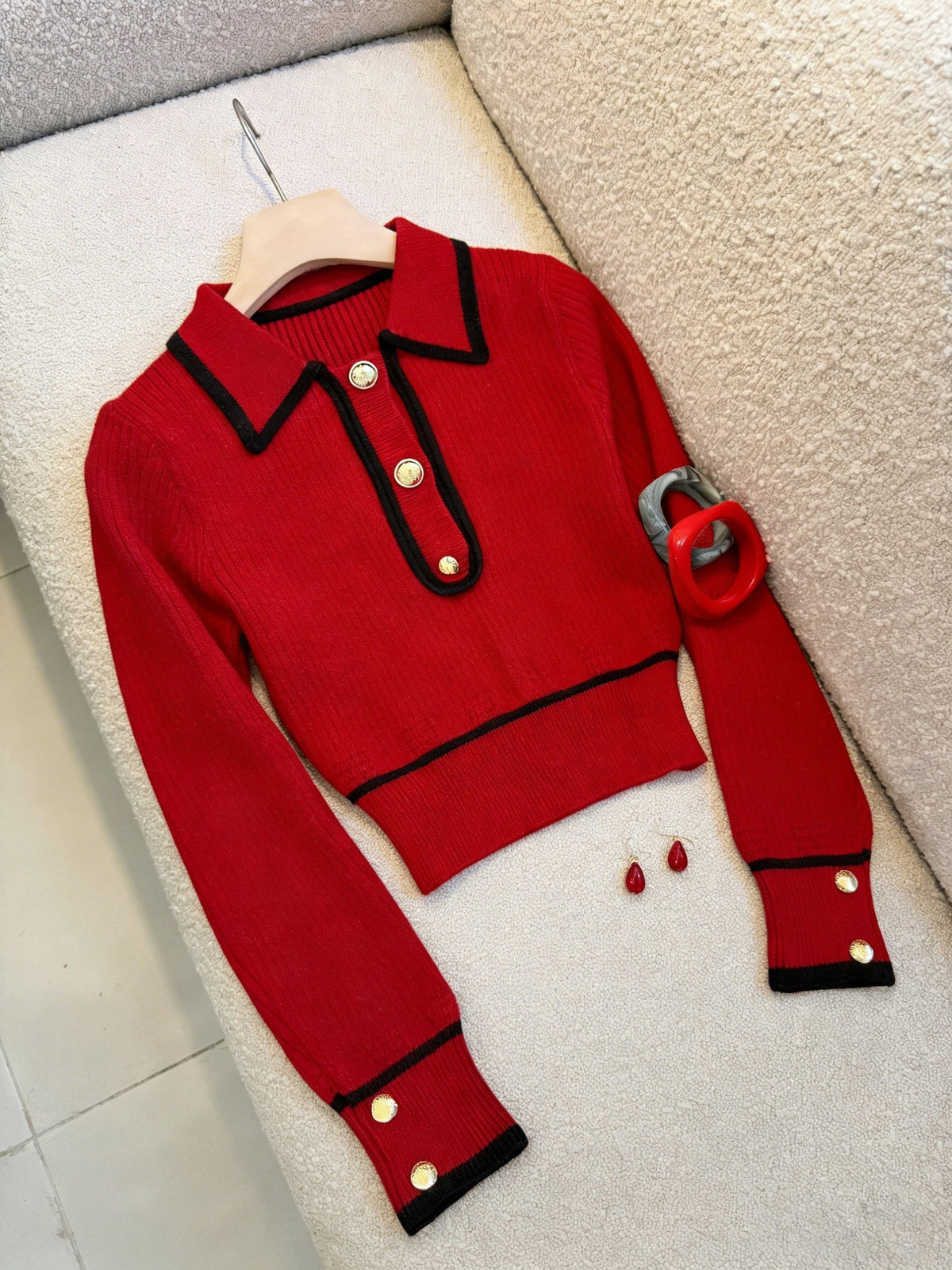 Roweina | Long Sleeve Contrast Trim Button Sweater