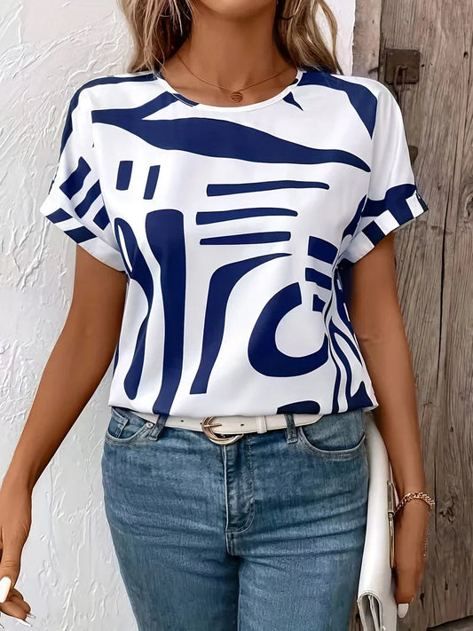Jacinda | Blouse White Abstract Print Short Sleeve