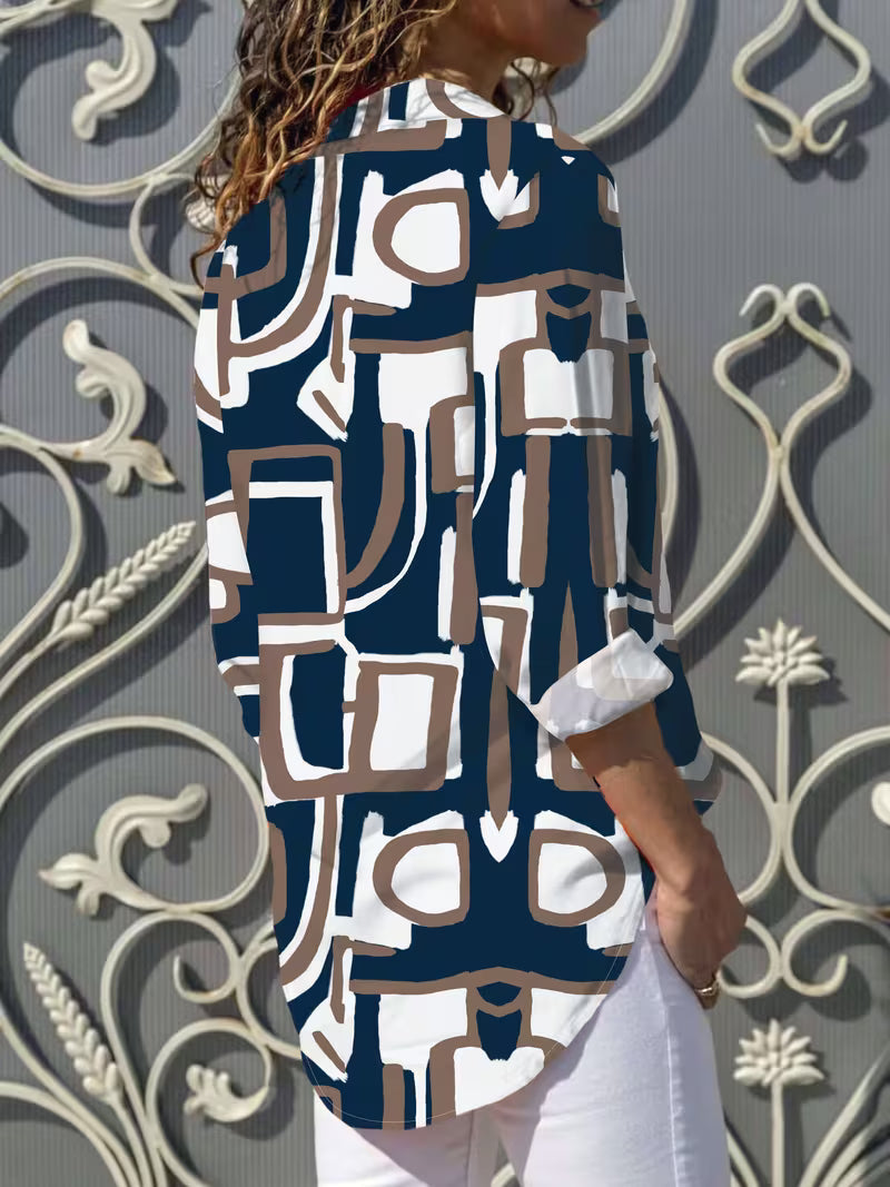 Vespia | Geometric Print Button-Up Shirt with Relaxed Fit