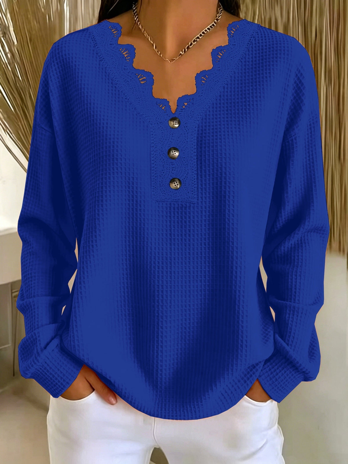Brigeaia | Long Sleeve Lace Top with Button Front