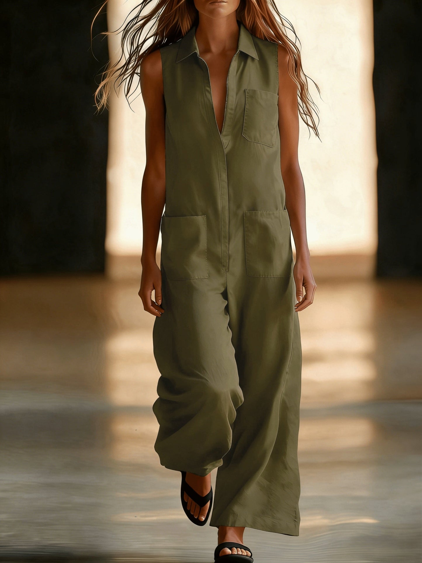 Kristiana | Wide Leg Sleeveless Collared Utility Jumpsuit