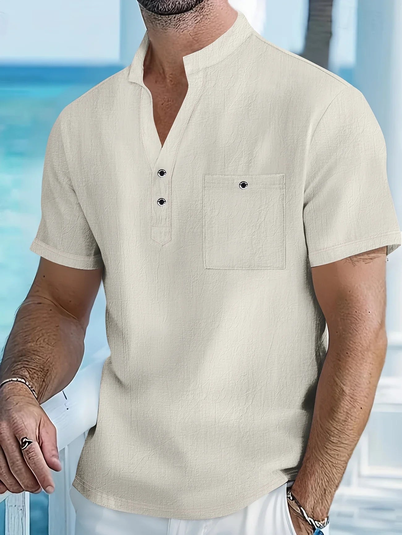 Markos | Short Sleeve Band Collar Henley Shirt