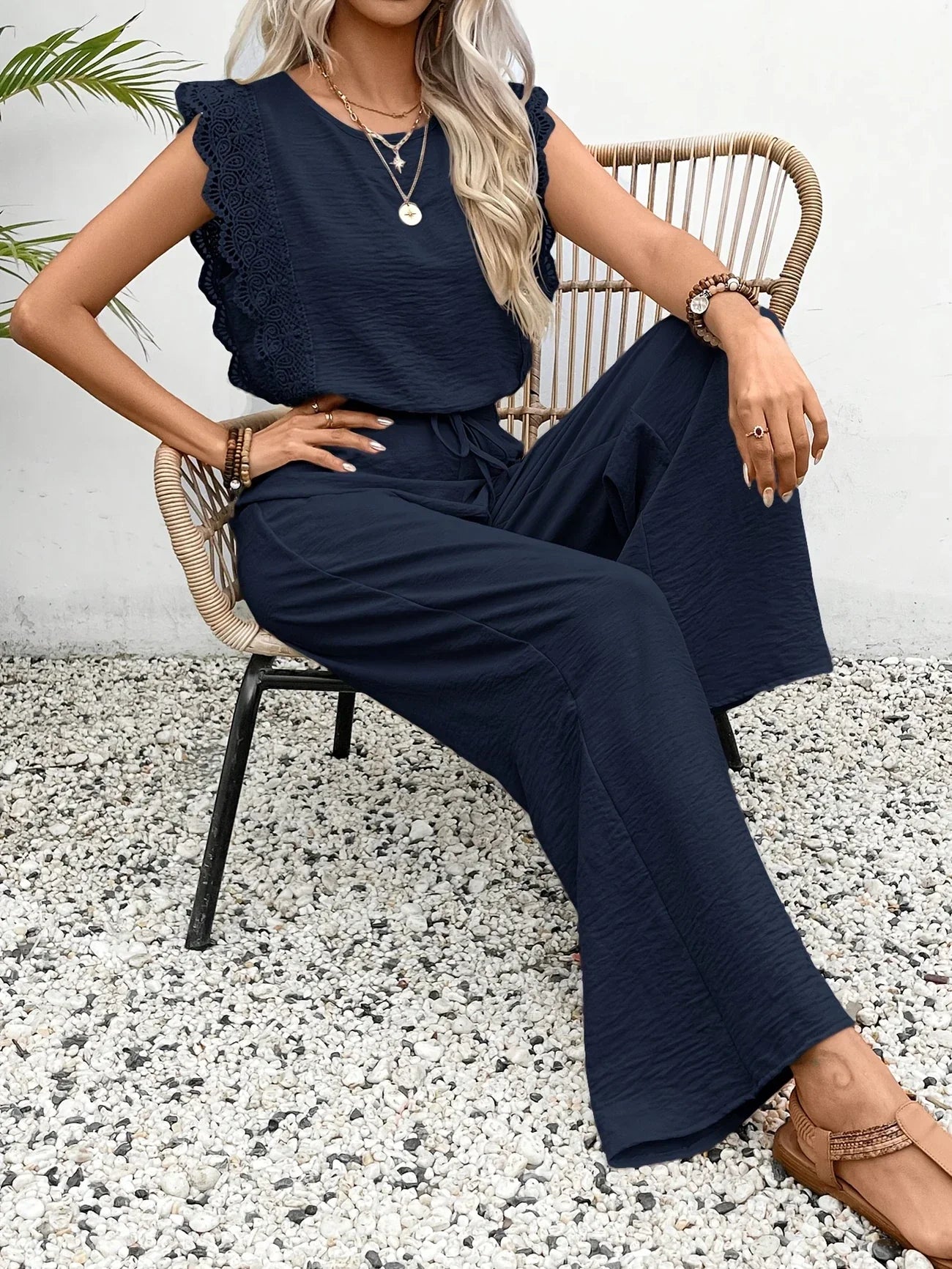 Ziva | Lace Trim Wide Leg Jumpsuit