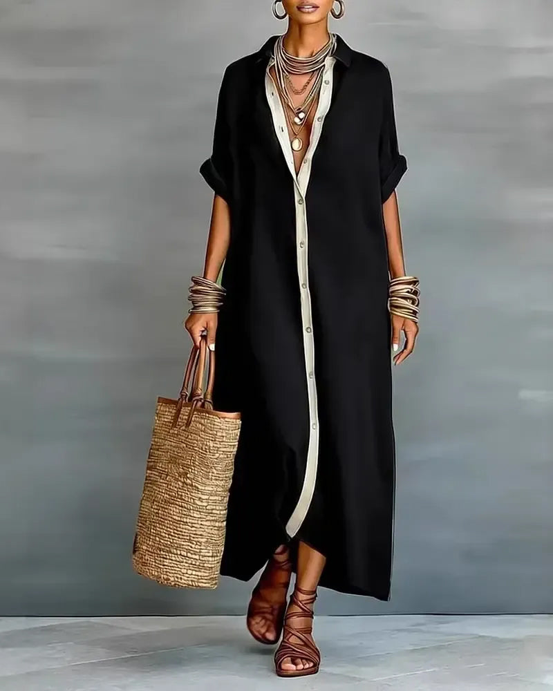 Nerena | Oversized Collared Button Front Midi Dress