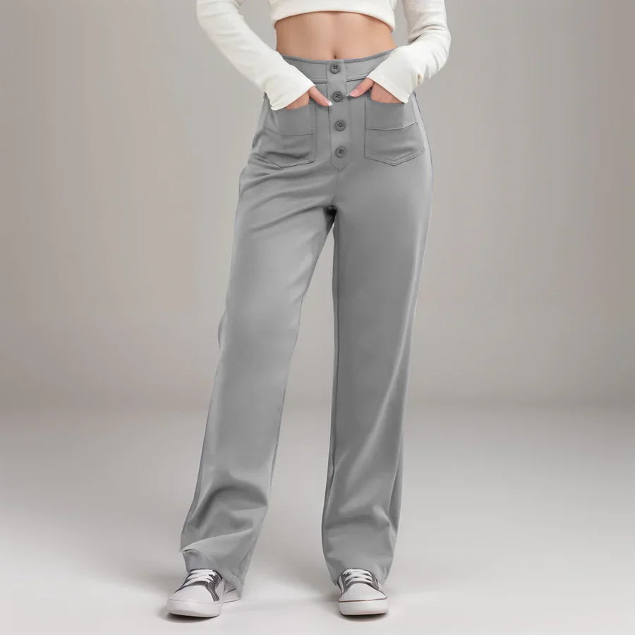 Elke | High Waist Button Front Wide Leg Trousers