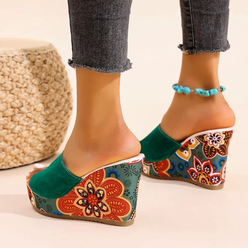 Laerke - Floral Print Platform Wedge Slide Sandals