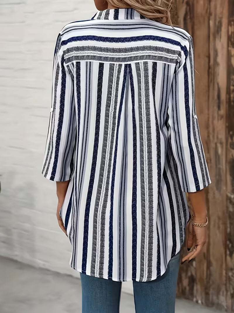Elysis | V-neck Striped Loose Top with Adjustable Sleeves