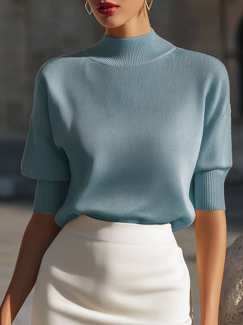 Jenni | Mock Neck Ribbed Short Sleeve Knit Top