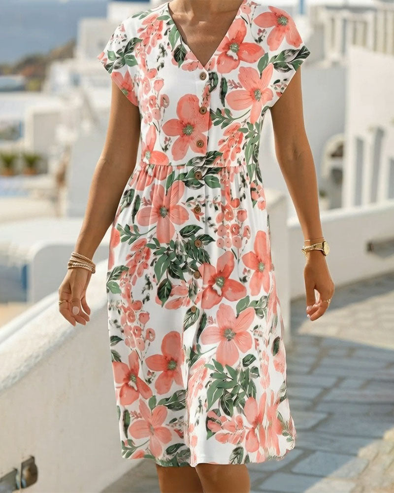 Sinera - Floral Print Short Sleeve Midi Dress