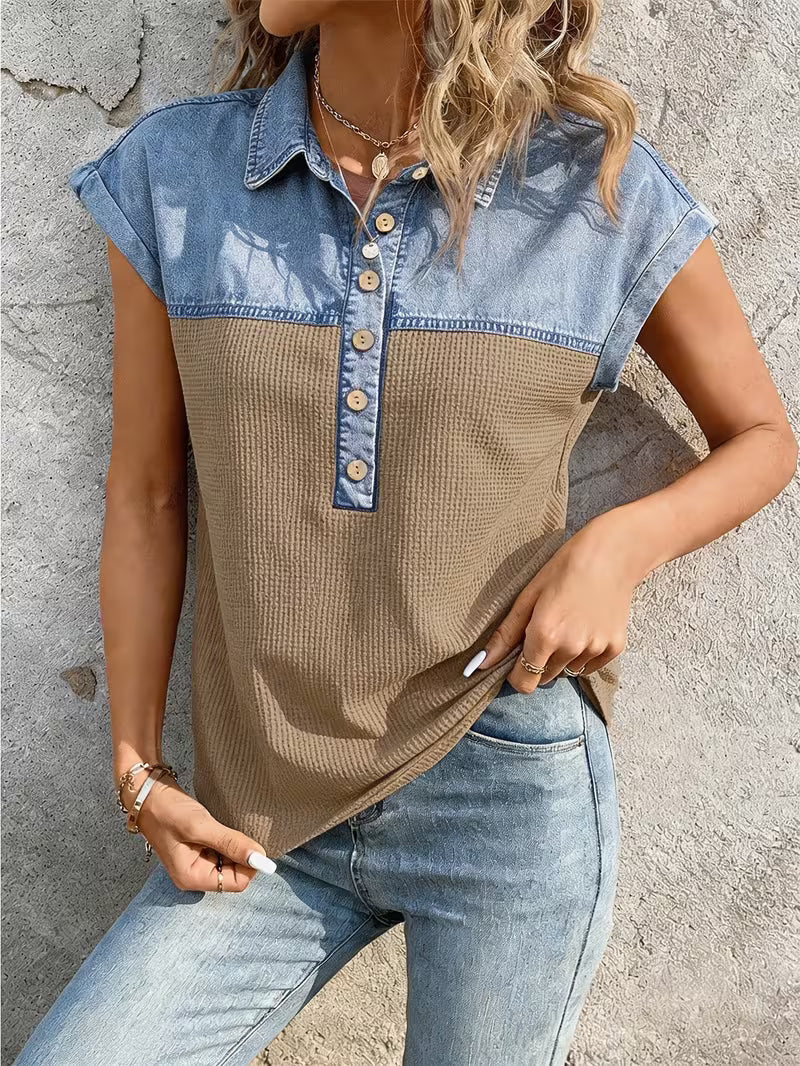 Haily | Denim Patchwork Collared Short Sleeve Top