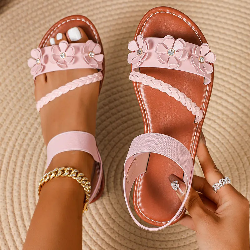 Anke - Floral Braided Strap Flat Sandals