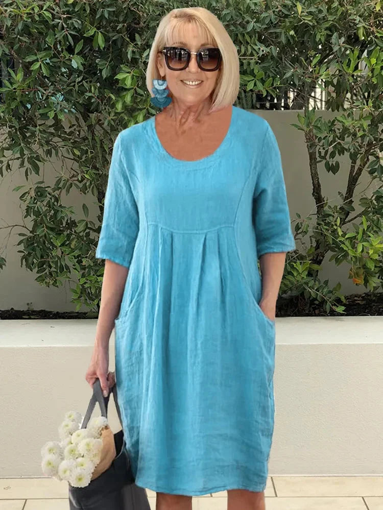 Devyn | Solid Round Neck Pocket Midi Dress