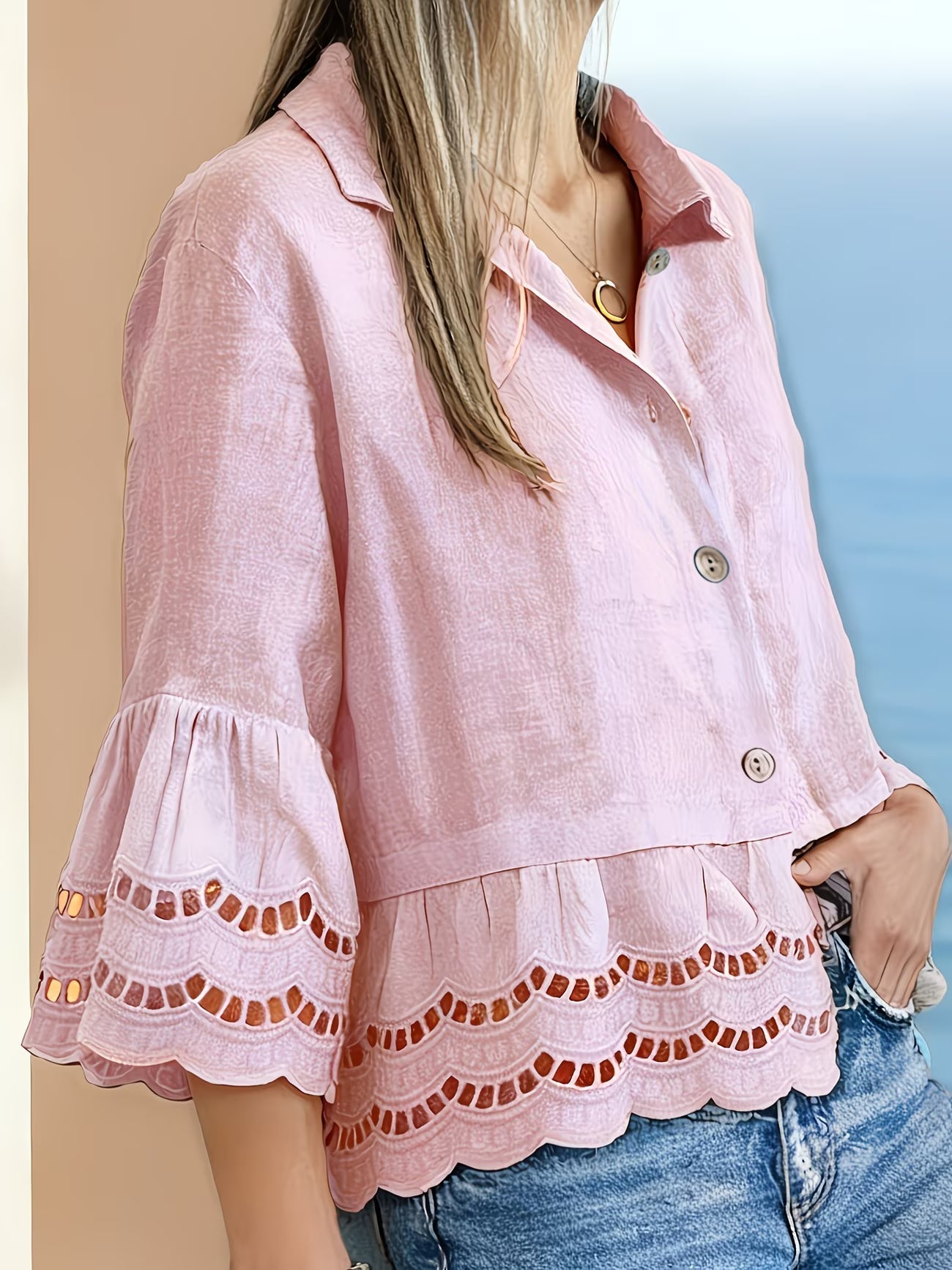 Solenn | Long Sleeve Ruffle Hem Button Blouse