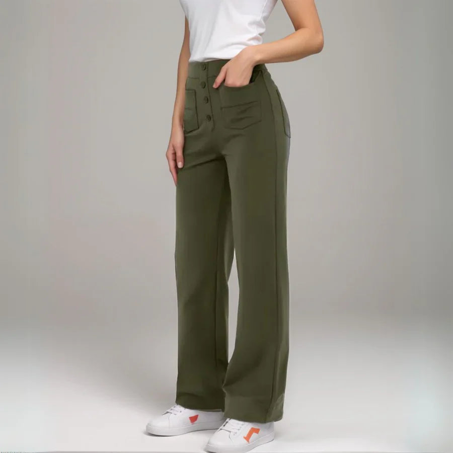 Elke | High Waist Button Front Wide Leg Trousers