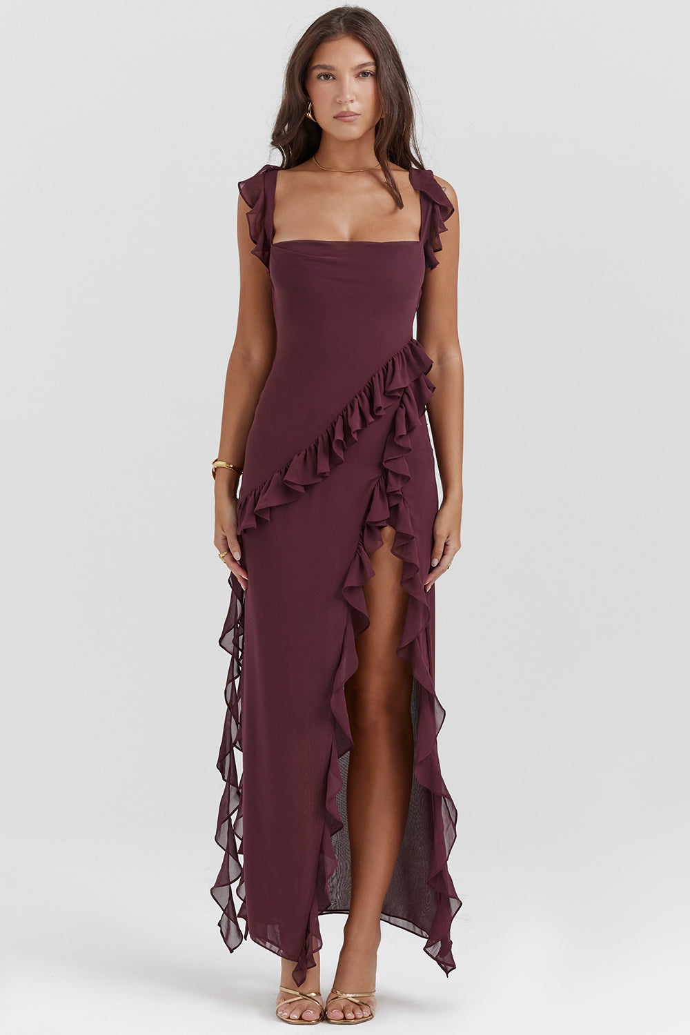 Dalia | Ruffle Trim Sleeveless High Slit Maxi Dress