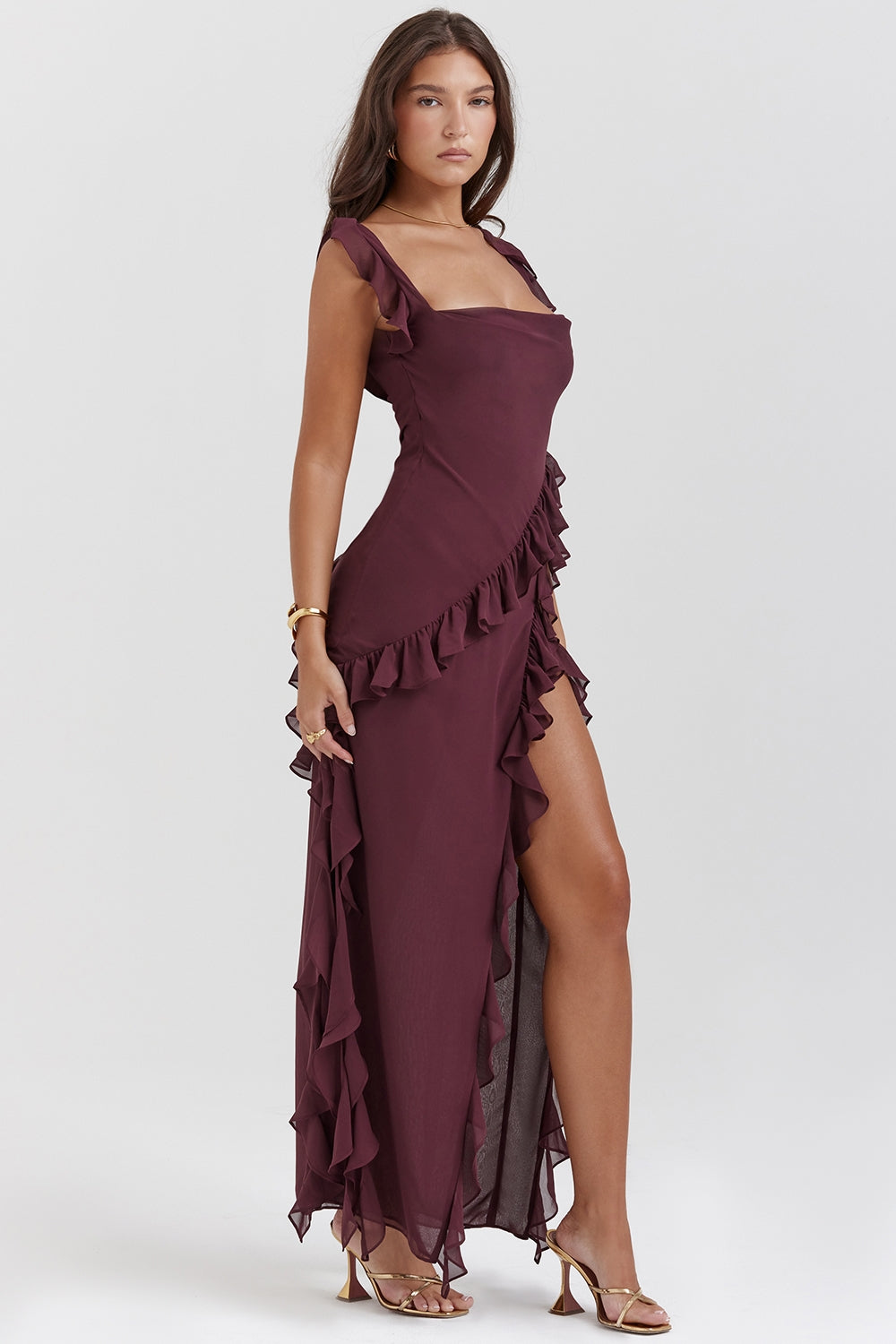 Dalia | Ruffle Trim Sleeveless High Slit Maxi Dress