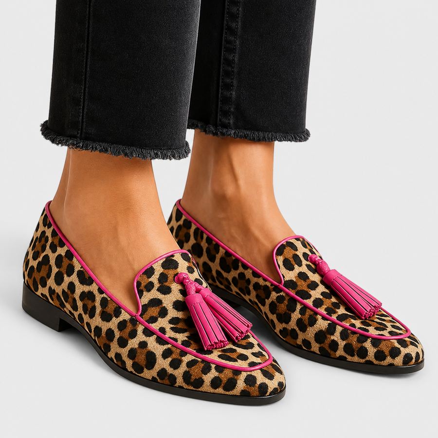 Rosemary | Loafers With Leopard Print and Pink Tassels