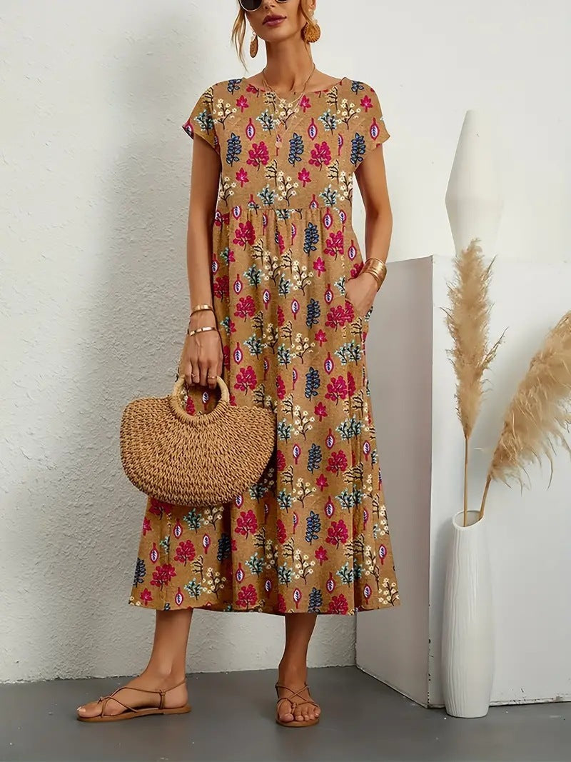 Deborah | Floral Print Short Sleeve Midi Dress