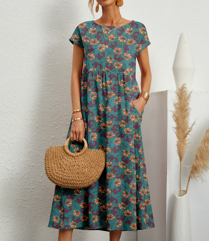 Lovelyn - Floral Print Short Sleeve Midi Dress