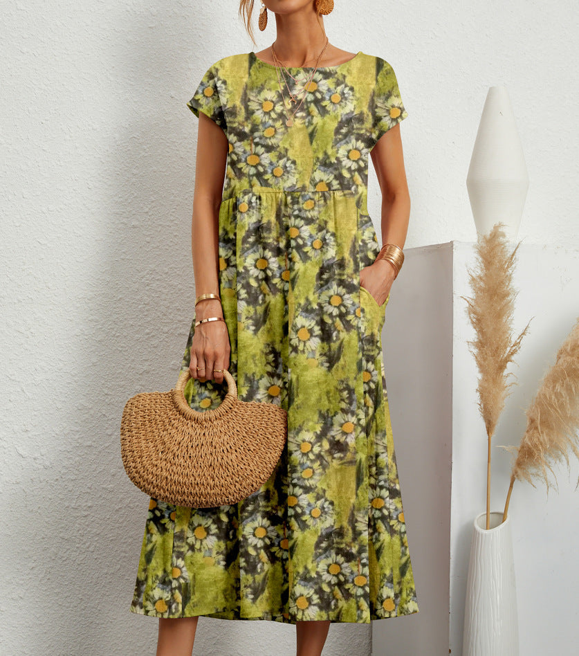 Lovelyn - Floral Print Short Sleeve Midi Dress