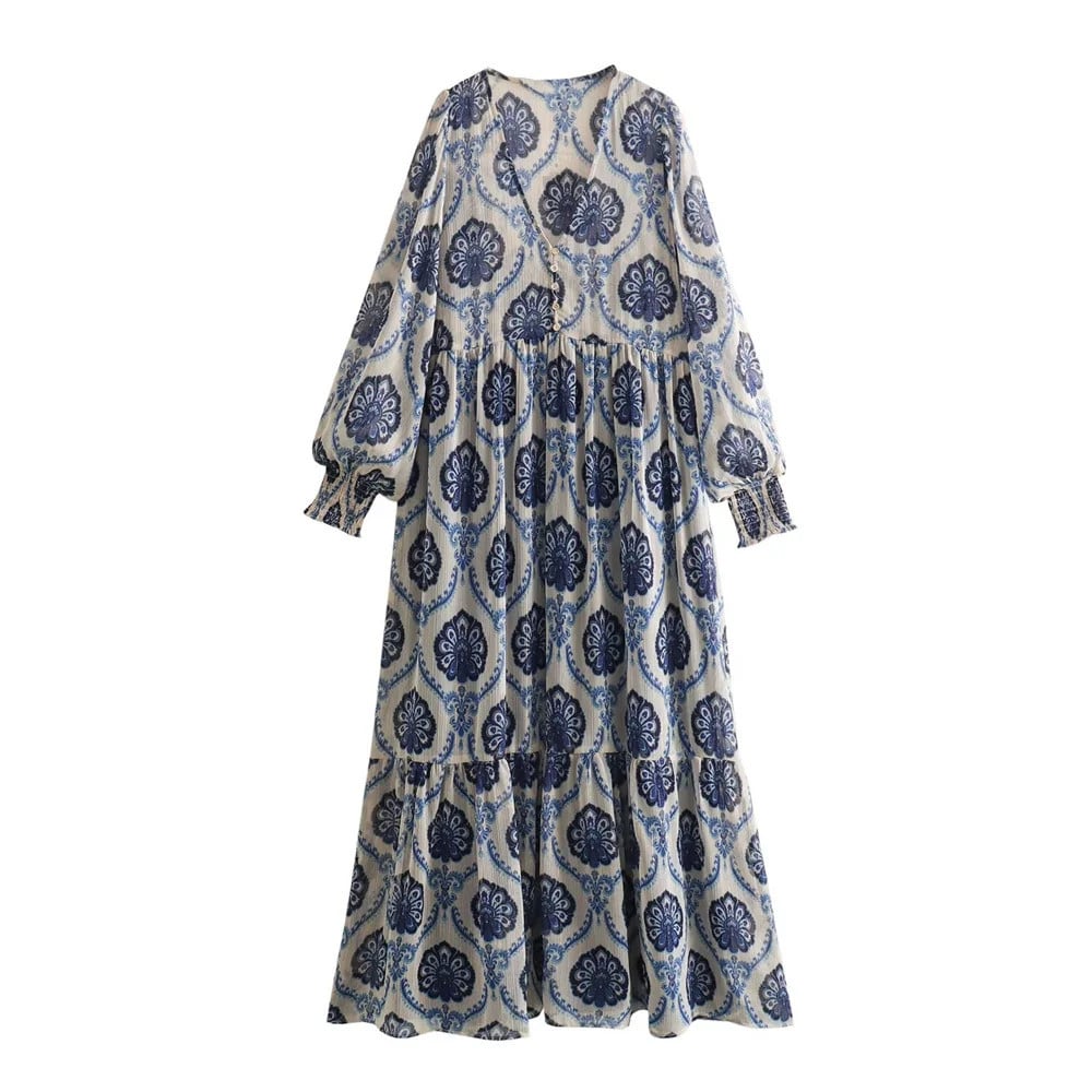 Willa| Printed Tiered Long Sleeve Midi Dress