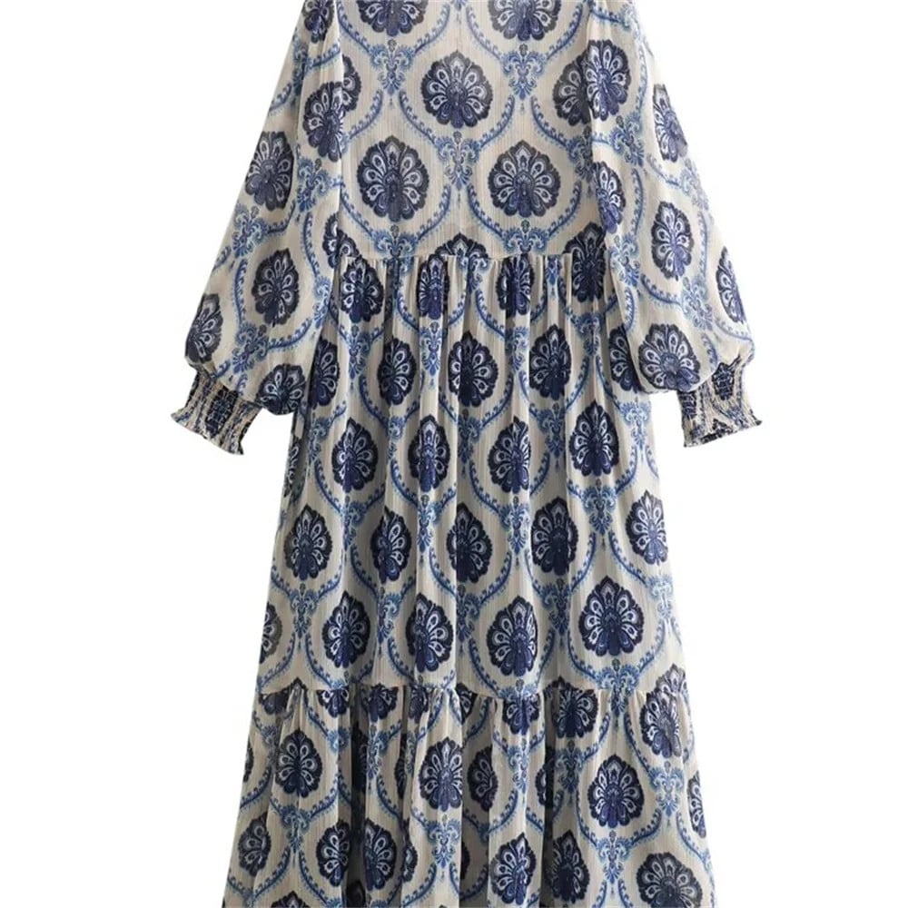 Willa| Printed Tiered Long Sleeve Midi Dress