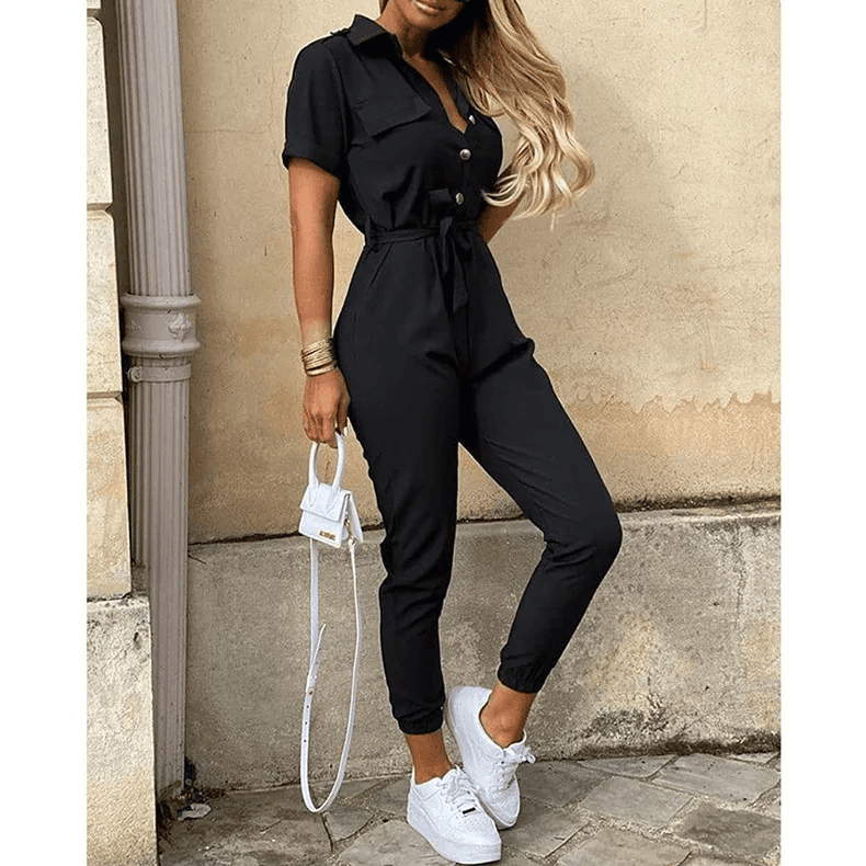 Hallie | Short Sleeve Button Front Jumpsuit