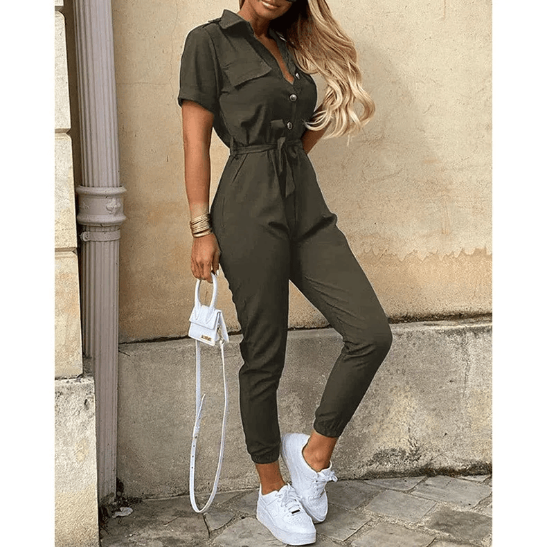 Hallie | Short Sleeve Button Front Jumpsuit