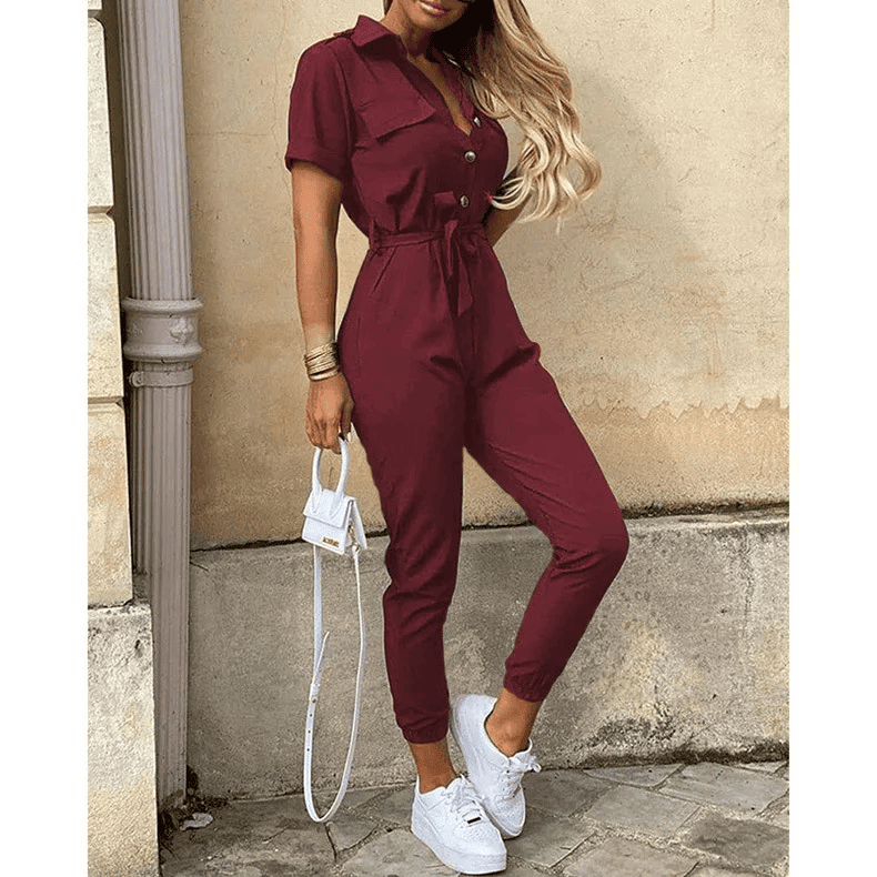 Hallie | Short Sleeve Button Front Jumpsuit