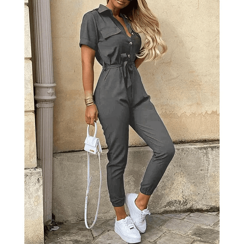 Hallie | Short Sleeve Button Front Jumpsuit
