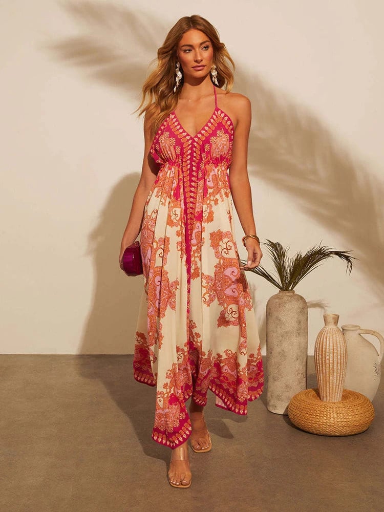 Delfina | Printed Halter Backless Maxi Dress