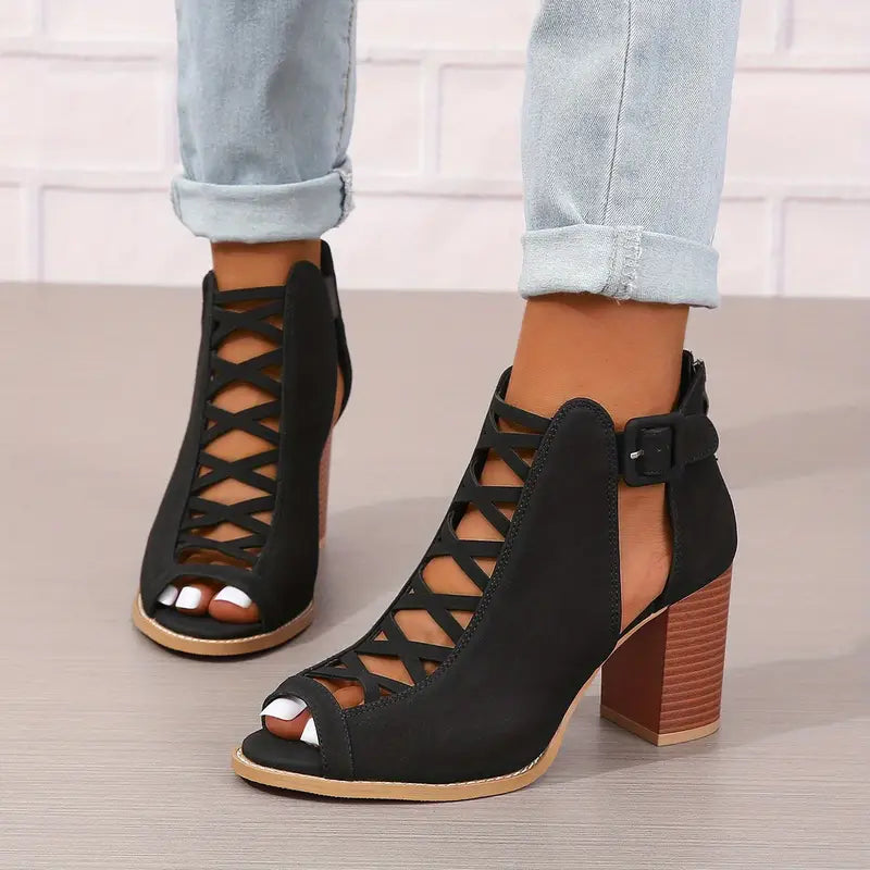 Ruzilya | Peep Toe Lace-Up Chunky Heel Sandals