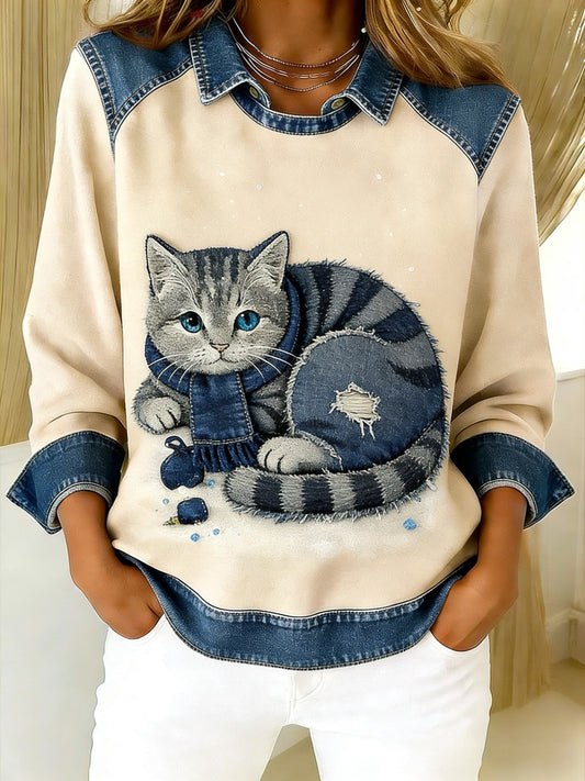 Eponin - Cat Print Denim Trim Sweatshirt