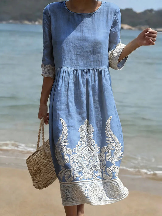 Zarena | Midi Dress With Embroidered Hem And Sleeves