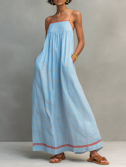 Aliyeva - Striped Sleeveless Maxi Dress With Pockets