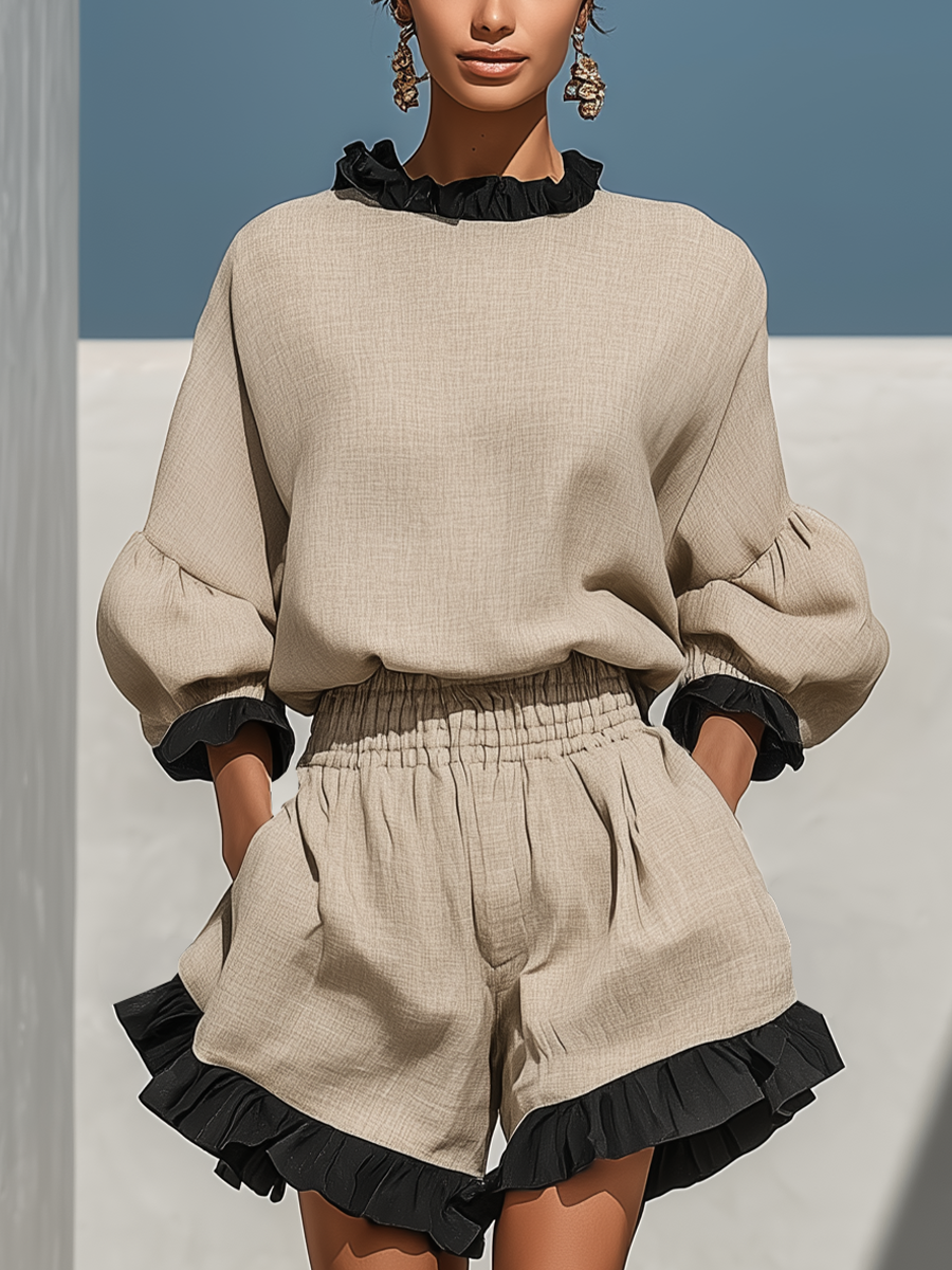Simi | Beige Linen-Look Ruffle Blouse Shorts Set
