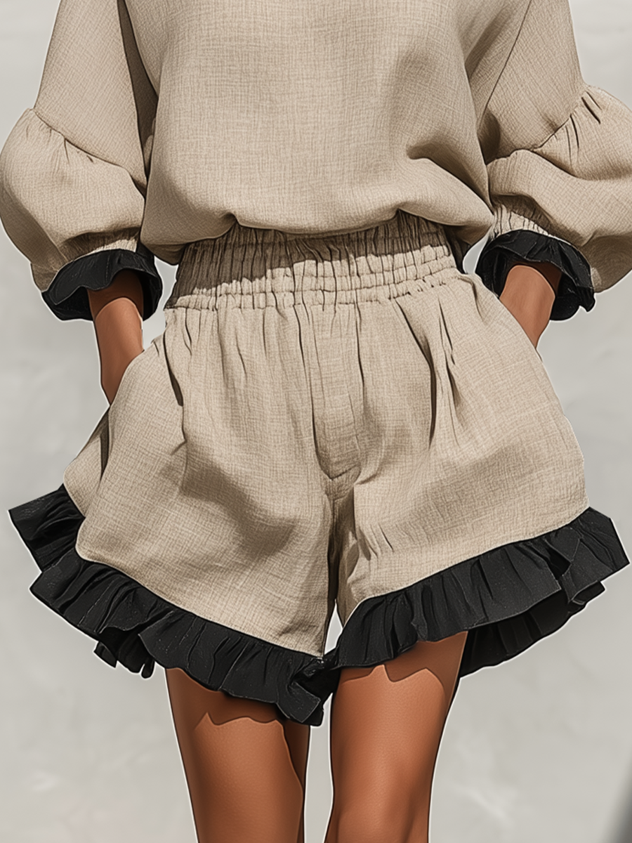 Simi | Beige Linen-Look Ruffle Blouse Shorts Set