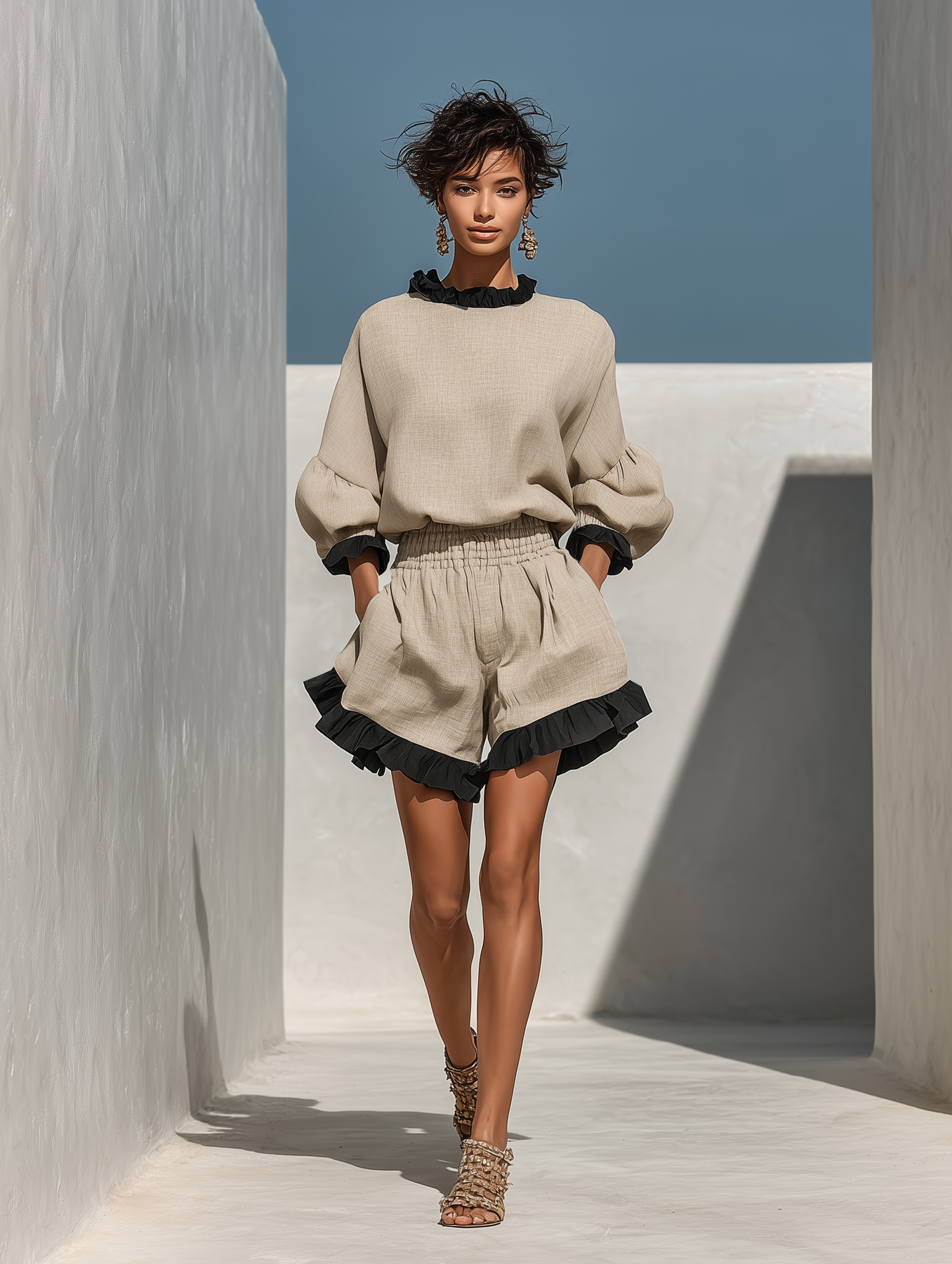 Simi | Beige Linen-Look Ruffle Blouse Shorts Set