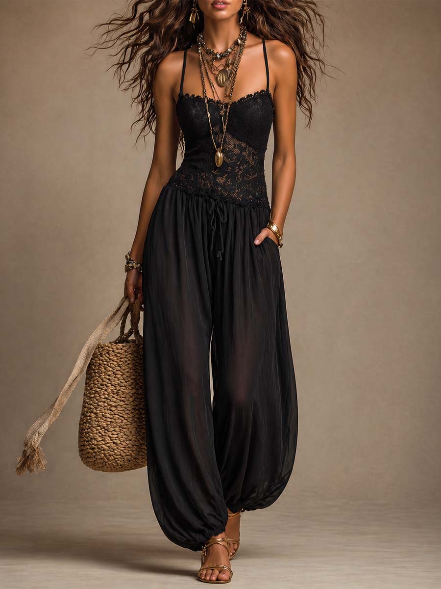 Natya | Jumpsuit Black Lace Bodice Harem Pants